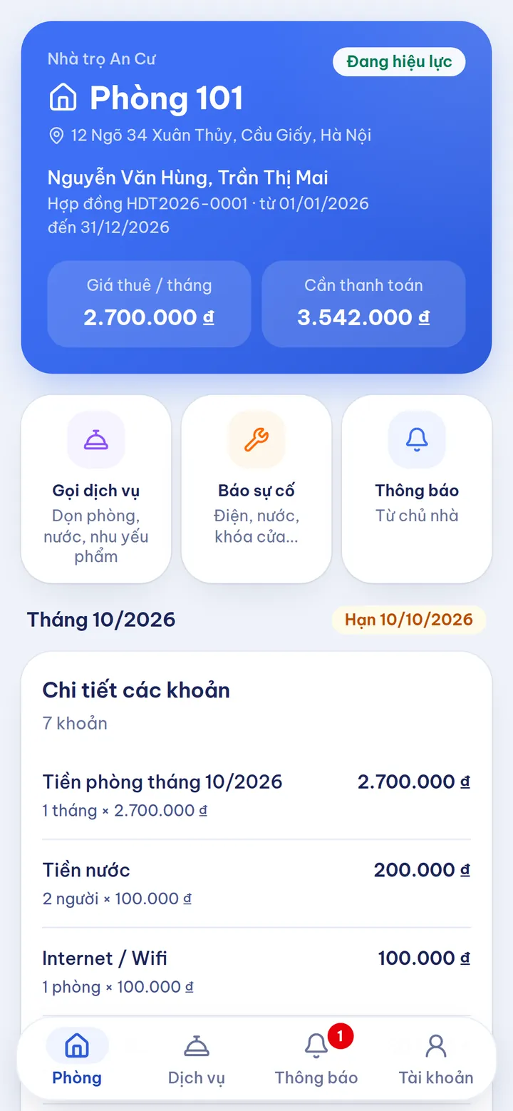 App khách thuê OmniStay: phòng 101, số tiền cần thanh toán, gọi dịch vụ, báo sự cố
