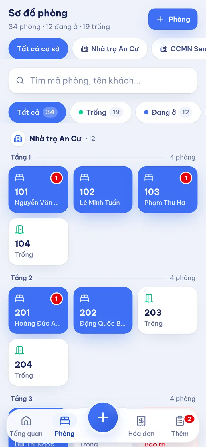 Sơ đồ phòng theo tầng, đánh dấu phòng còn nợ