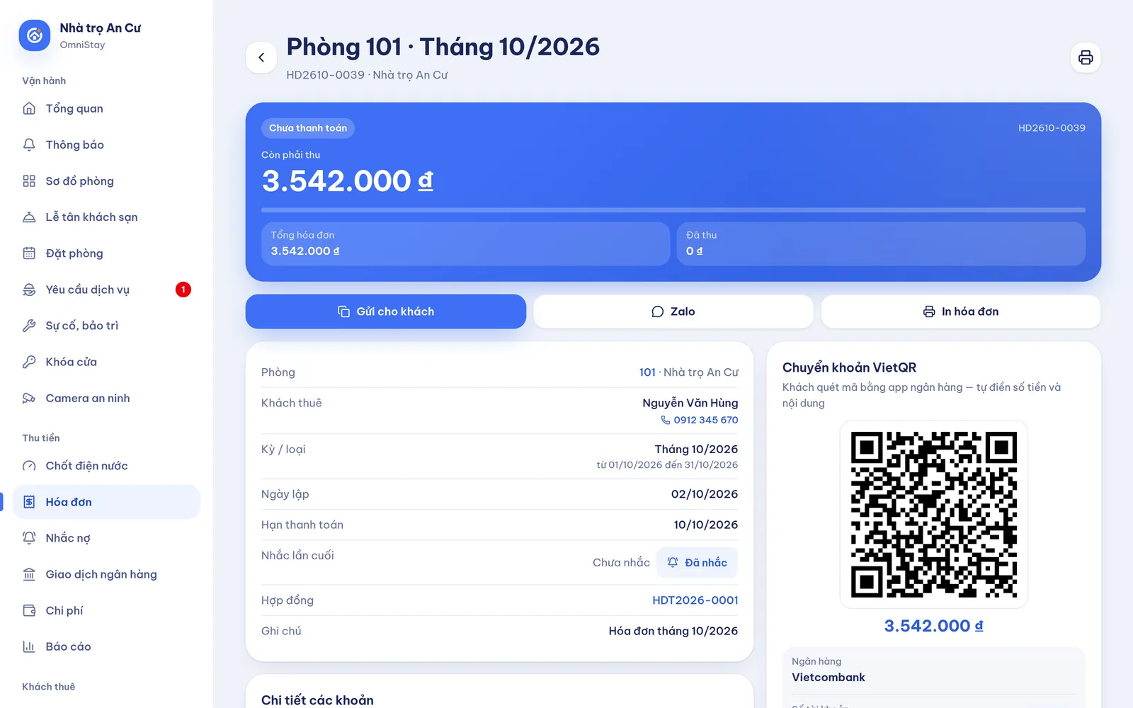 Chi tiết hóa đơn tháng trong app quản lý: tổng tiền, các khoản và mã VietQR chuyển khoản